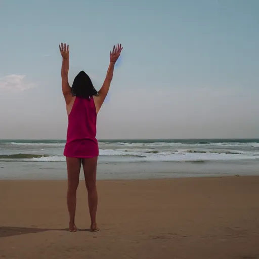 Prompt: woman on beach with hands up