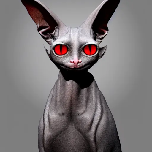 Prompt: A hairless sphinx cat with three red eyes and mysterious lighting, award winning, artstation trending, 8K