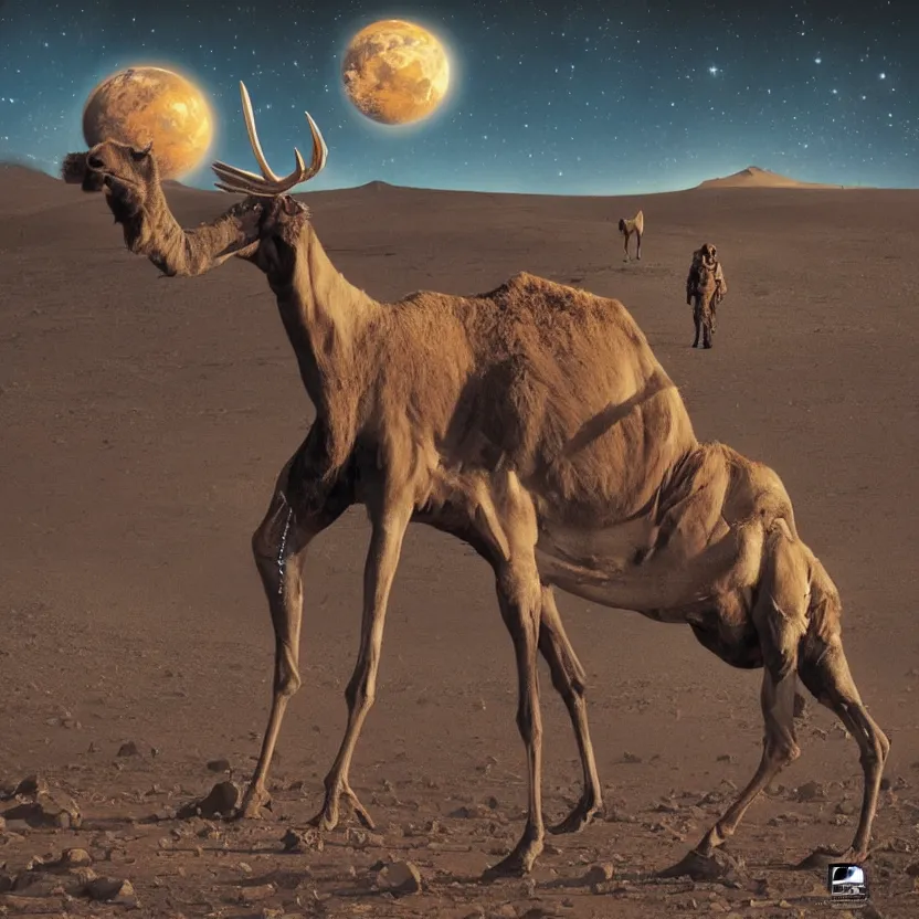 Prompt: an otherworldly camel moose, walking in an extraterrestrial desert. pulp sci - fi art. dark background