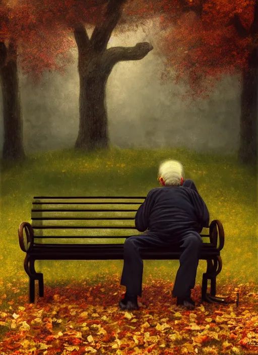 Image similar to an old man tangled around a park bench. portrait of a stretchy old man wrapped and tied around a park bench, autumn tranquility, forgetfulness, oblivion, inevitability, aging, surreal portrait, moody, by tom bagshaw, cold, 4 k