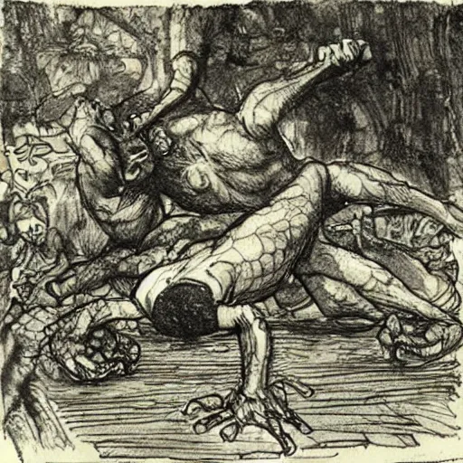 Prompt: a muscular frog man suplexing a toad man in a makeshift wrestling ring, detailed, artist arthur rackham