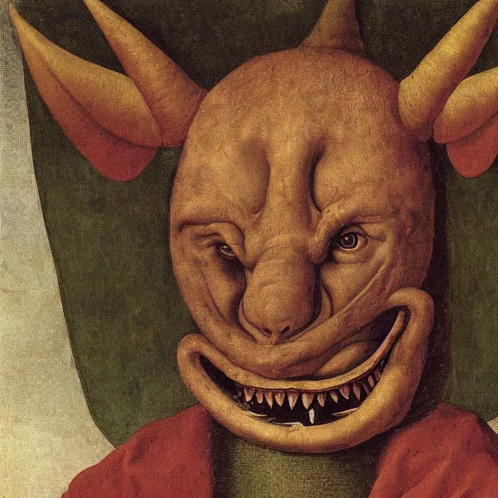 Image similar to close up portrait of an overdressed mutant monster creature with snout, horns, insect wings, unibrow, piercing eyes, toxic smile. jan van eyck, bosch