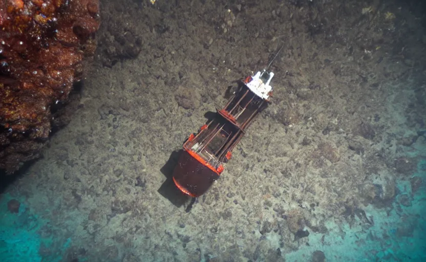 Prompt: cthuhlu at the bottom of the ocean looking up at a small steam ship