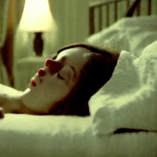 Prompt: movie still of a girl having sleep paralysis, cinematic composition, cinematic light, criterion collection, by edgar wright and edgar allan poe