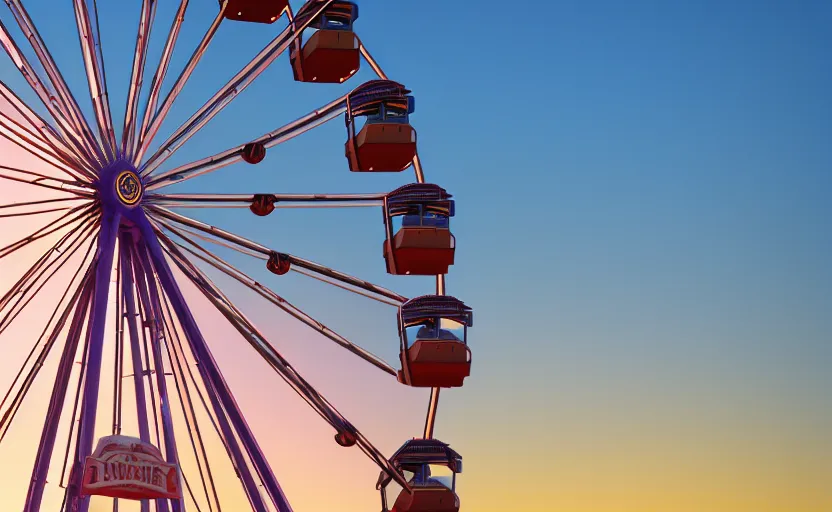 Image similar to one ferris wheel at sunrise, concept art, hyperrealistic, octane render, unreal engine 5, path traced, highly detailed, high quality, 8 k, dramatic lighting, cinematic, high coherence, symmetrical, high contrast, 1 9 8 0 s style, lens flare, godrays