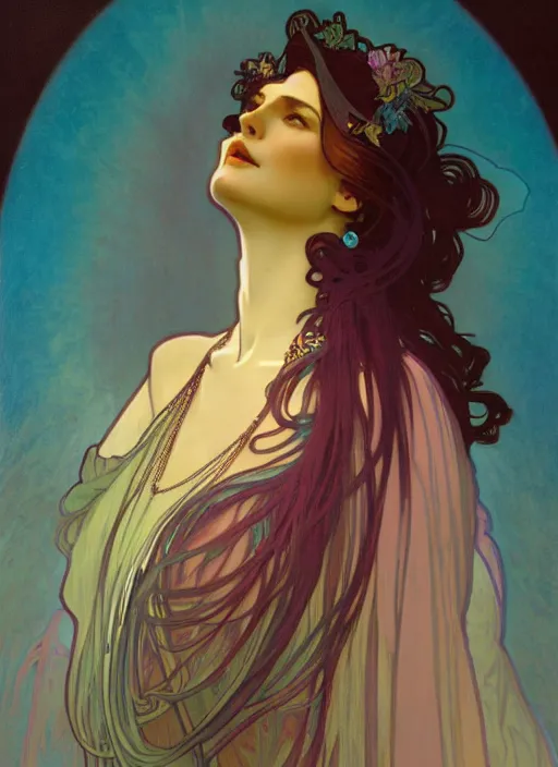 Image similar to ombre velvet gown, alphonse mucha, beautiful elegant woman with glowing wings, portrait, neon outline, long hair, tiara, dozens of jeweled necklaces, by greg rutkowski, brom, anato finnstark