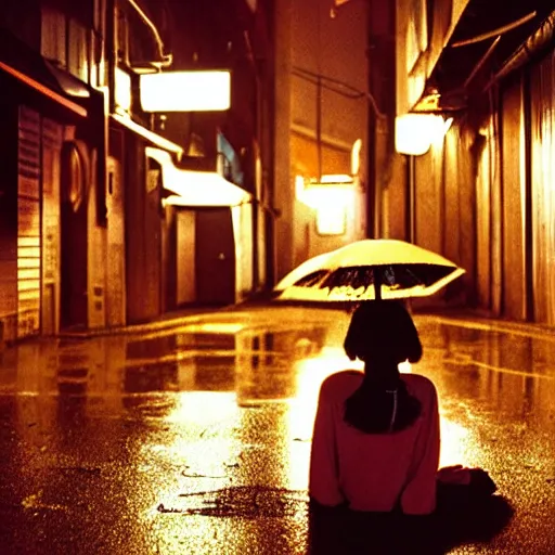 Image similar to 1990s perfect 8K HD professional cinematic photo of close-up japanese schoolgirl sleeping on ground in dystopian alleyway with neon signs, at evening during rain, at instagram, Behance, Adobe Lightroom, with instagram filters, depth of field, taken with polaroid kodak portra