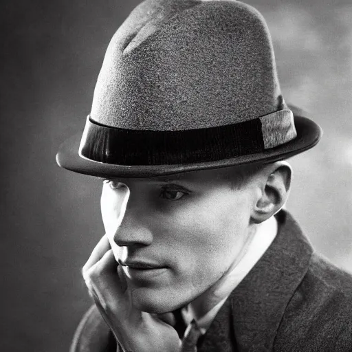 Image similar to A photograph portrait of Jerma985 wearing a homburg hat in the early 1920s, taken in the early 1920s, grainy, taken on a early 1900s Kodak Camera, realistic, hyperrealistic, very realistic, highly detailed, very detailed, extremely detailed, detailed, digital art, trending on artstation