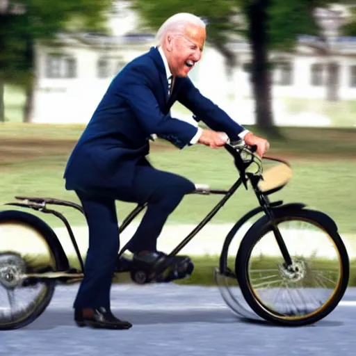 Image similar to ultra realistic photo of joe biden falling off of his bike, film, perfect face, in the style of a candid photo