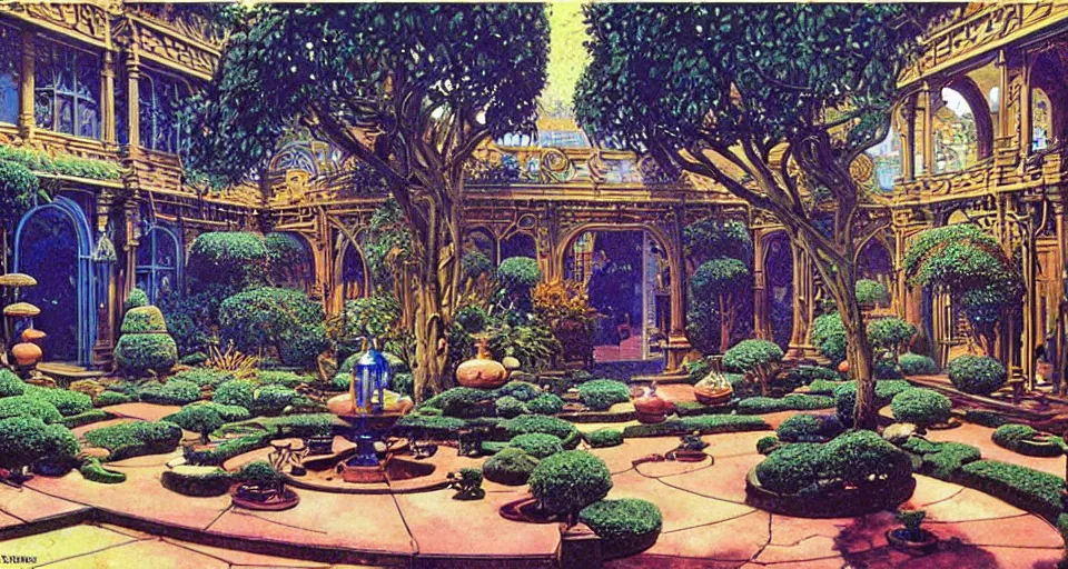 Image similar to a luxurious scifi futuristic victorian garden courtyard by robert mccall, moebius