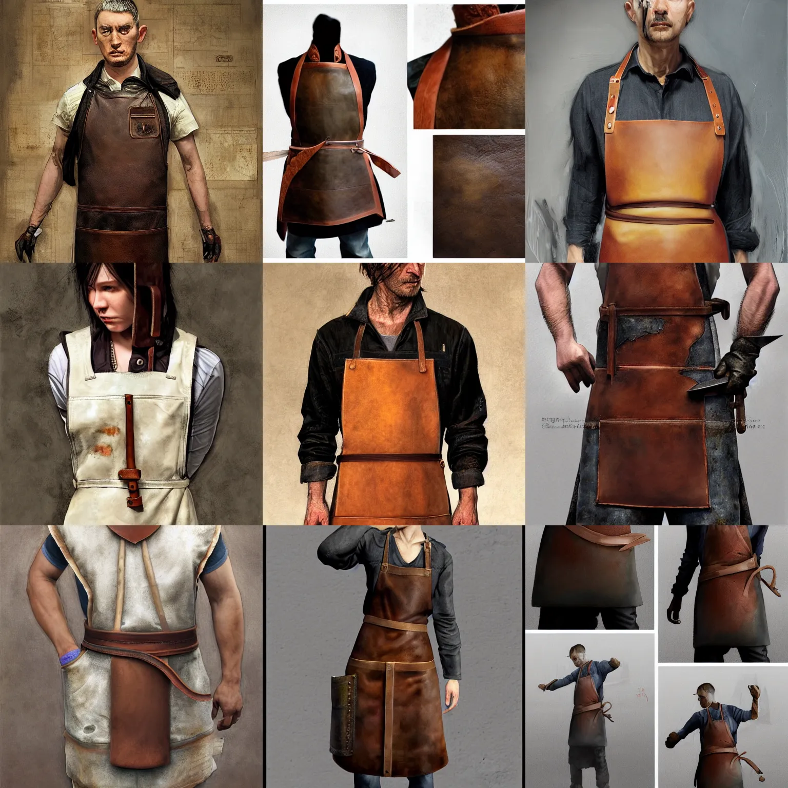 Prompt: cook's complex leather apron with large pocket, large belt on which hang knives, bottles, rivets, torn edges, half - life style, highly detailed, digital painting, artstation, concept art, smooth, sharp focus, illustration, artstation, art by giger and greg rutkowski and hikari shimoda and edmund blair leighton and charlie bowater