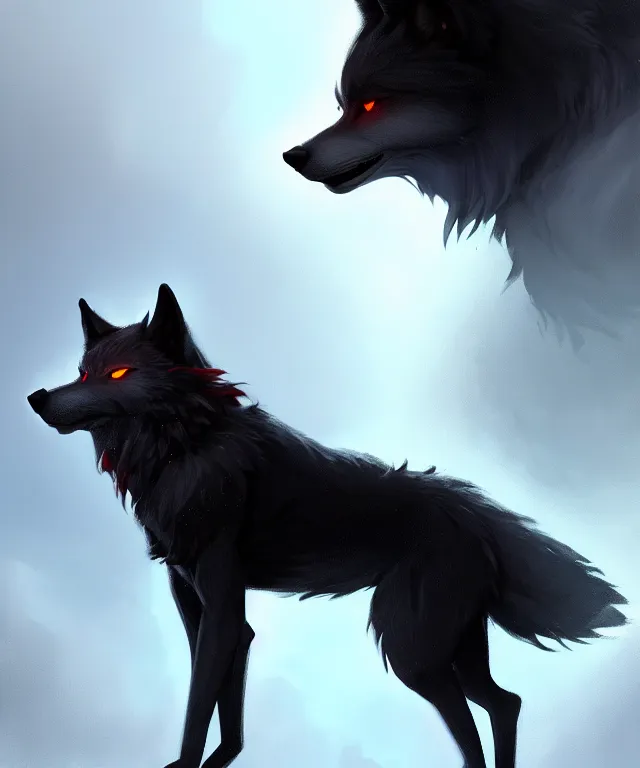 Prompt: award winning painting of a anthropomorphic black male wolf fursona long red hair | | concept art, volumetric lighting, highly detailed, photorealistic, by greg rutkowski and cory loftis trending on artstation