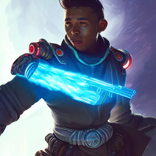 Prompt: A sorcerer wielding a futuristic blast cannon Apex Legends character digital illustration portrait gorgeous lighting, wide angle action dynamic portrait, perspective shot, art by Sam Spratt-H 640