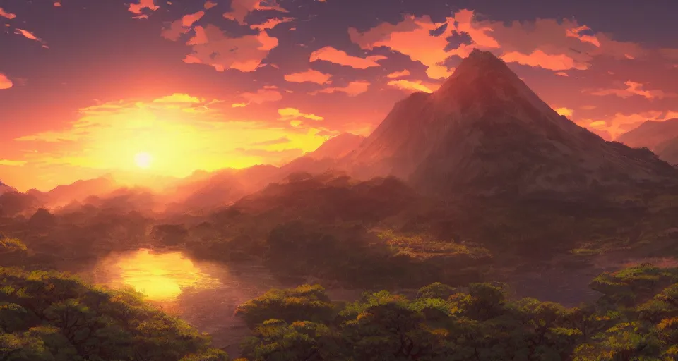 Image similar to sunset at spring break - golden mountains - dramatic lighting, trending on artstation, highly detailed render by studio ghibli