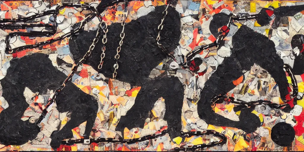 Prompt: black mad dog on a chain, collage, acrylic on canvas, expressionism movement, breathtaking detailed, by blake neubert