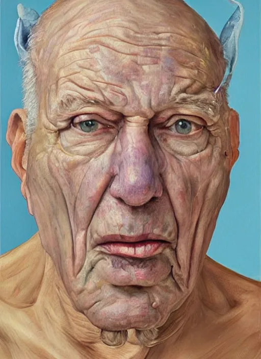 Image similar to Real life Papa Smurf, painted by Lucian Freud, highly detailed, 8k