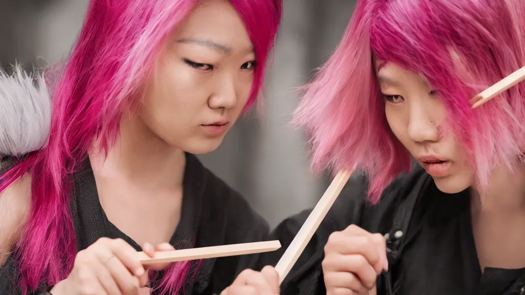 Image similar to person with pink hair and a knife fighting an asian person with chopsticks, cinematic, 4 k