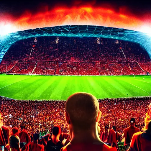 Image similar to champions league final in a soccer field in hell, monsters in the crowd, disney style, colorful, fantasy, cinematic, 4 k