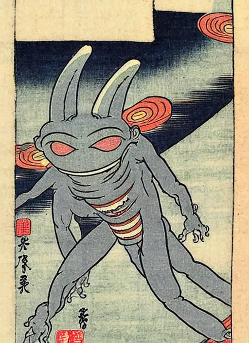 Image similar to a grey alien as a yokai illustrated by kawanabe kyosai and toriyama sekien