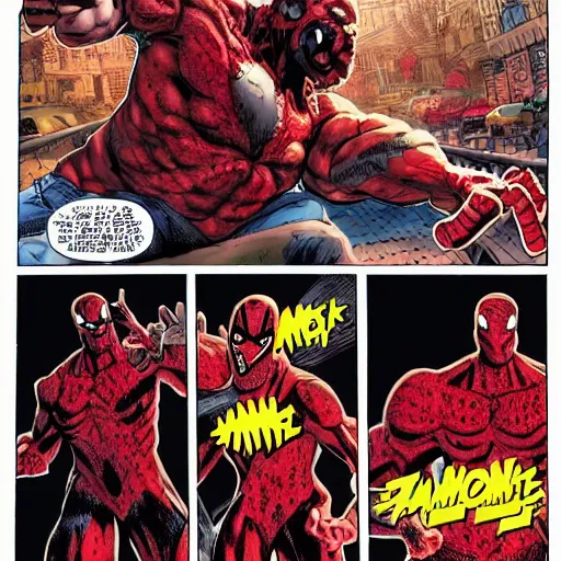 Prompt: marvel\'s carnage gives out food to the homeless, high quality comic picture, hyper detailed, hyper realistic