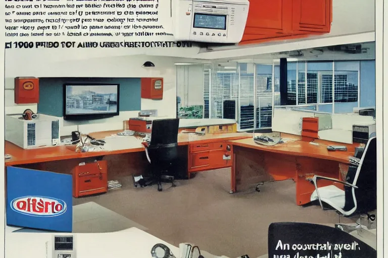 Image similar to a 1 9 8 5 electronics ad depicting an office in the style of andy zito