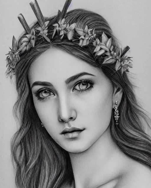 Image similar to pencil drawing of a beautiful greek goddess aphrodite wearing a laurel wreath and arrowhead earrings, beautiful confident eyes, beautiful flowing hair, hyper realistic face, in the style of artgerm, fantasy, amazing detail, epic, elegant, smooth, sharp focus, from the front, long shot