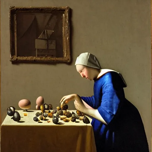 Prompt: Pensive Wizard Examining Eggs, by Vermeer.