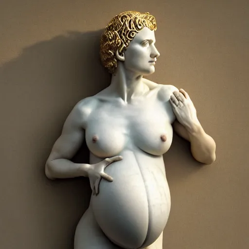 Prompt: a roman statue made of white marble with gold veins, of an beautiful pregnant woman, flowing roman dressm perfect symmetrical body, perfect symmetrical face, closed eyes, hyper realistic, hyper detailed, fujicolor superia, bokeh background, full body shot, by peter kemp, by monia merlo octane render, blender, 8 k