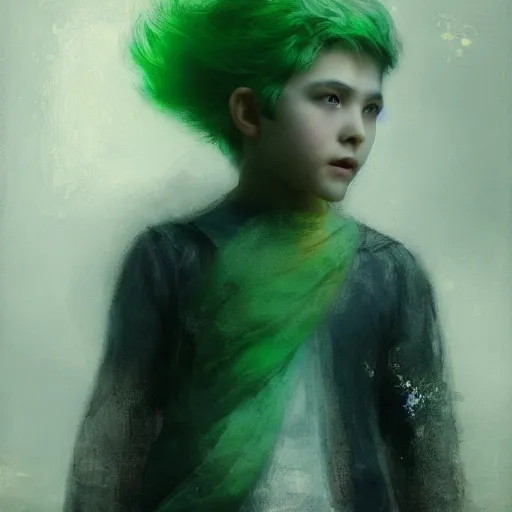 Prompt: a young boy of just 14 with snow white hair and glowing green eyes who can walk through walls, disappear, and fly. Ruan Jia
