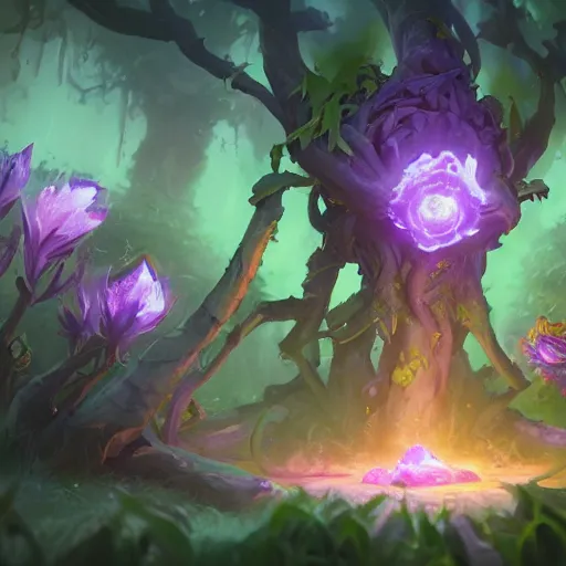 Image similar to arcane style forest tree root trap, root trap, bright art masterpiece artstation. 8k, sharp high quality artwork in style of Jose Daniel Cabrera Pena and Greg Rutkowski, concept art by Tooth Wu, blizzard warcraft artwork, hearthstone card game artwork, violet flower, violet flower, violet flower, portal