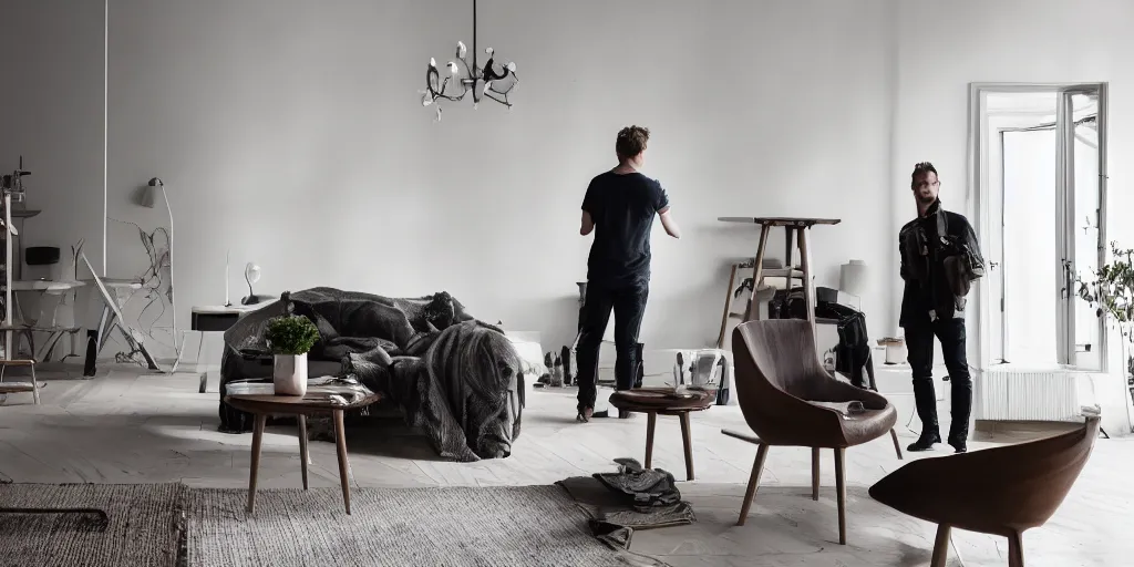 Prompt: a nordic interior design at the camera 8 k, attractive man admiring the furniture