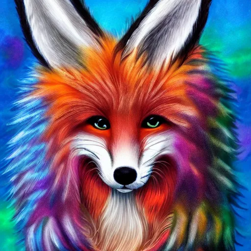 Image similar to cute fluffy fox with rabbit ears and long colorful flowing fur with mohawk hairstyle hybrid animal detailed painting 4 k