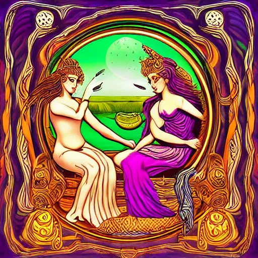 Image similar to goddess hera in a trippy room doodling rock symbols on the wall while aphrodite is making soup with rose petals inside a cauldron, digital art