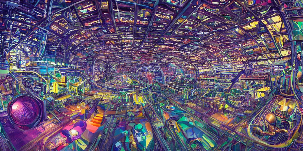 Image similar to the interior of a vast colorful futuristic industrial complex with biomechanical machinery and beautiful objects, ultra detailed, complex, intricate, emotional, exquisite, hd, perspective, digital art