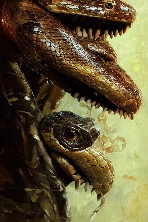 Image similar to snake on a tree, snake head close - up, snake eyes, oil painting, sunlit, paint texture, digital painting, highly detailed, artstation, sharp focus, illustration, concept art, ruan jia, charlie bowater, tom bagshaw, norman rockwell