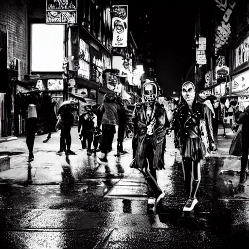 Image similar to flash night photography of punks and goths on the lower east side, nighttime, raining!