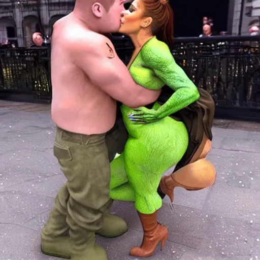 Prompt: shrek kissing jennifer lopez, realistic, cctv chest cam, ultra detailed, 😂🎉💩💨