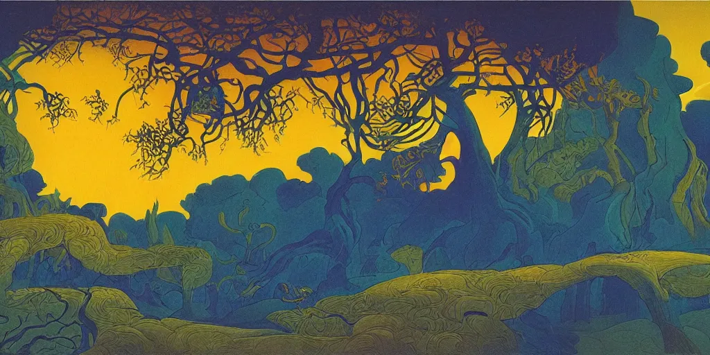 Prompt: a night landscape background, paul ranson, rob gonsavles, eyvind earle