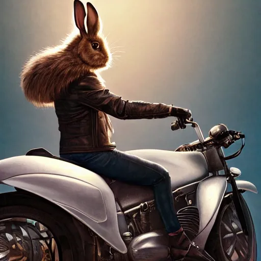 Image similar to a painting of a bunny wearing a leather jacket, riding a motorcycle, elegant, highly detailed, digital painting, artstation, concept art, matte, sharp focus, highly detailed, 4 k, hdr, smooth, sharp focus, high resolution, award - winning photo, photorealistic, art by artgerm and greg rutkowski and alphonse mucha, large shot