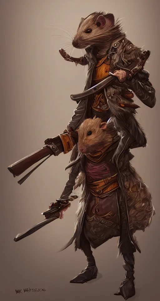 Image similar to illustration of a rat holding a wooden shotgun wearing a coat, dramatic standing, intricate, elegant, highly detailed, centered, digital painting, artstation, concept art, smooth, sharp focus, league of legends concept art, wlop