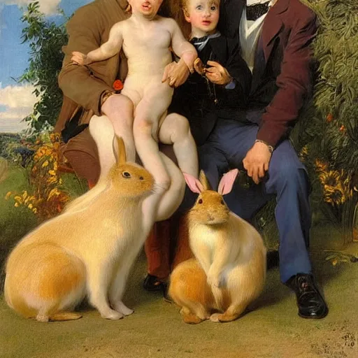 Image similar to a beautiful portrait of a family of bunnies with long golden blond hair gazing warmly at the viewer, golden hour, by J.C Leyendecker and Peter Paul Rubens