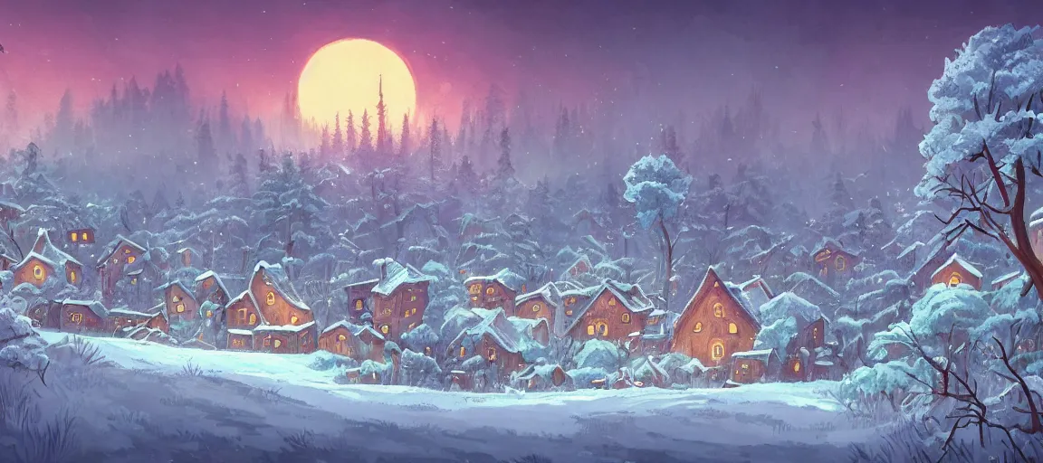 Prompt: Beautiful detailed high quality illustration of an old Slavic village on top of the hill, beautiful forest on background, some smoke coming from the chimneys of the houses::vibrant winter, romantic mood, morning sunlight::art by Ghibli Studio, League of Legends, Arcane, Wild Rift, trending on artstation