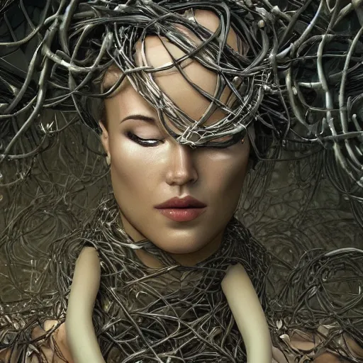 Image similar to a highly detailed digital image of a shattering futuristic woman elegantly tangled in vines, by Andrew Chiampo, artstation, and Frederik Heyman, extremely detailed woman, stunning volumetric lighting, hyper realism, fantasy 4k,