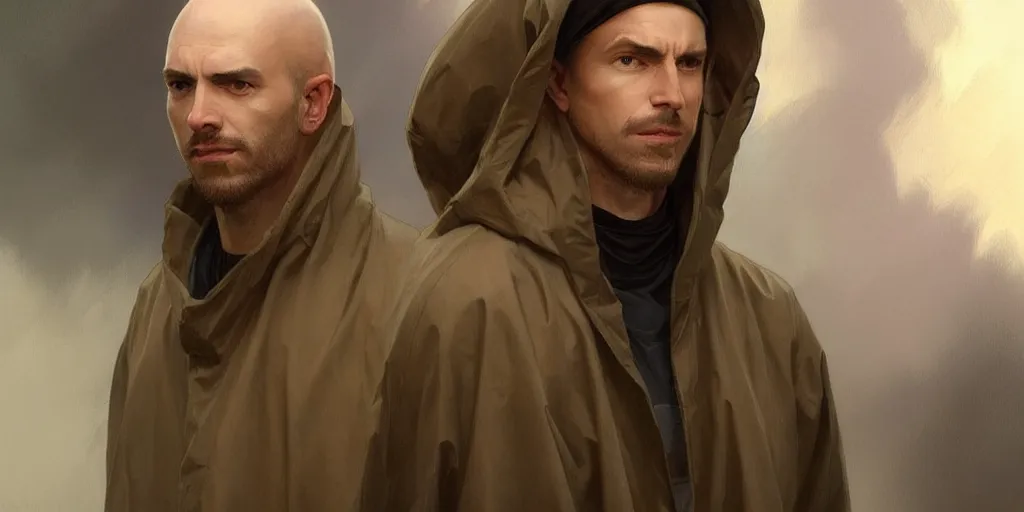 Image similar to european ( ( ( ( bald man ) ) ) ) dressed in raincoat, male, clear face, masculine, upper body, highly detailed, digital painting, artstation, concept art, matte, sharp focus, illustration, art by artgerm and greg rutkowski and alphonse mucha