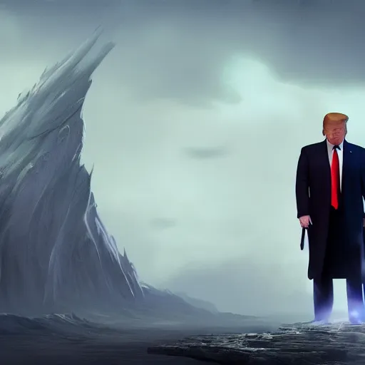 Image similar to a matte painting of Donald Trump as a jedi hero, marvel cinematic universe concept art, good value control, concept art, digital painting, sharp focus, symmetrical, 4k, illustration, rule of thirds, sci-fi, elden ring, centered, moody colors, moody lighting, atmospheric