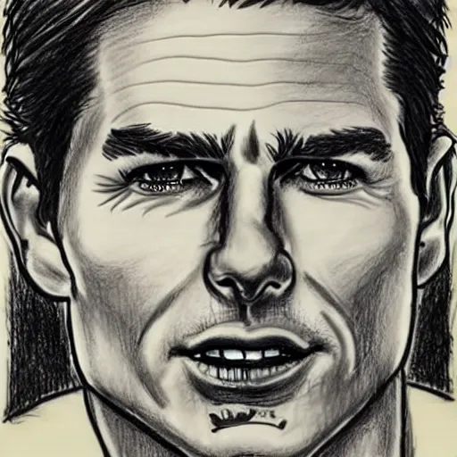 Image similar to a portrait drawing of Tom Cruise drawn by Robert Crumb