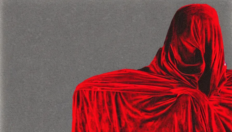 Prompt: portrait digital drawing of invisible man wrapped in red velvet sheet. surrounded by darkness. analog picture, kodak camera