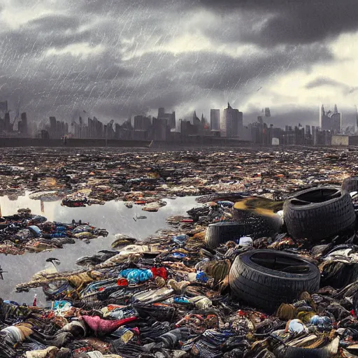 Image similar to on water, enormous huge mountains of tyres and garbage floating, seagulls flying in the forecasted sky, dramatic light, post apocalyptic, rainy weather, wet,highly detailed, wide shot, 8K mate painting, concept