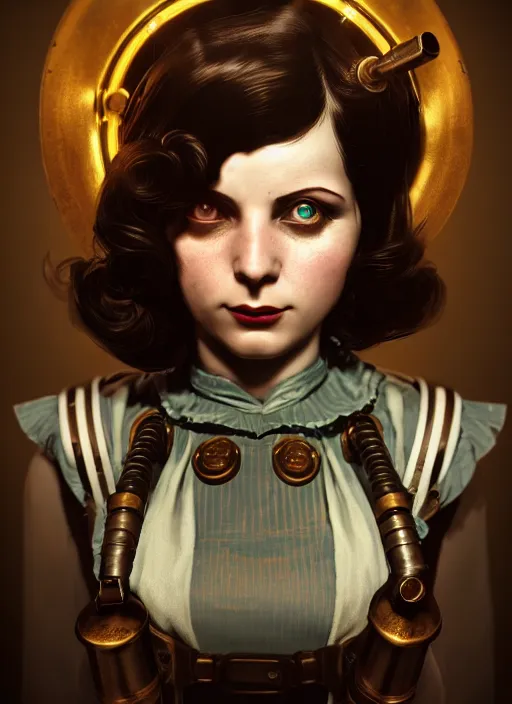 Prompt: Bioshock steampunk portrait, au naturel, hyper detailed, digital art, trending in artstation, cinematic lighting, studio quality, smooth render, unreal engine 5 rendered, octane rendered, art style by klimt and nixeu and ian sprigger and wlop and krenz cushart