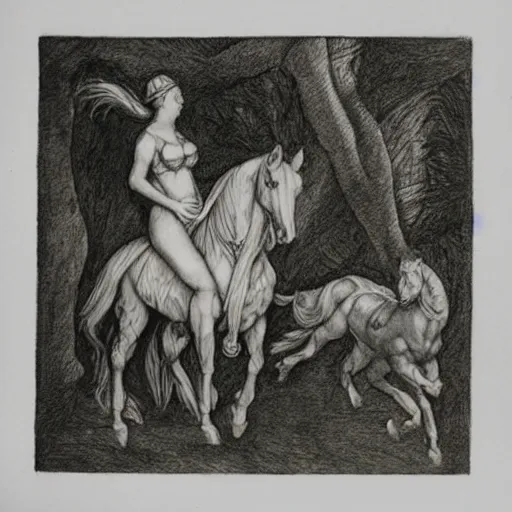 Image similar to “8k pencil drawing of Diana huntress in beautiful forest, Horses in run, intricate in style of Michelangelo and Rubens and Albrecht Durer, hand made paper” - H 768